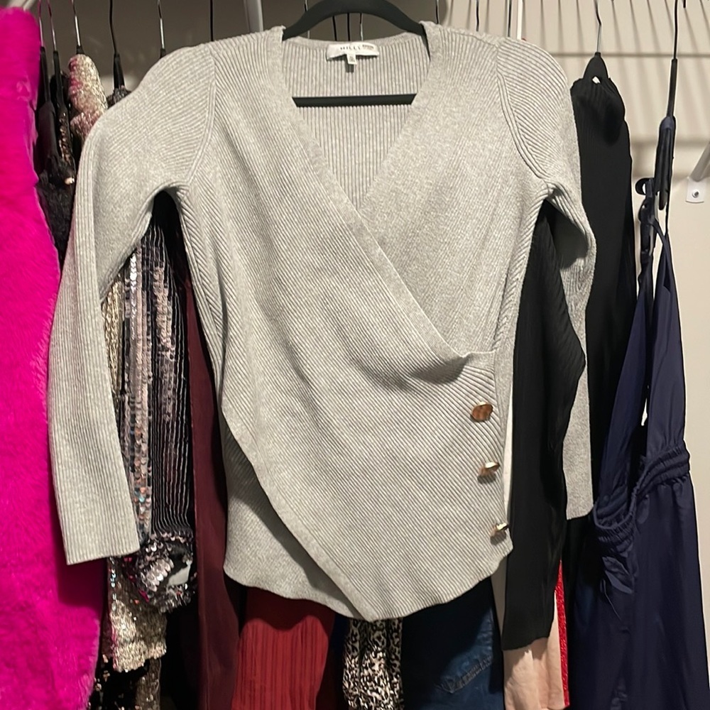 Milly Crossfront sweater. V neck too, asymmetrical bottom. Gold button detail.